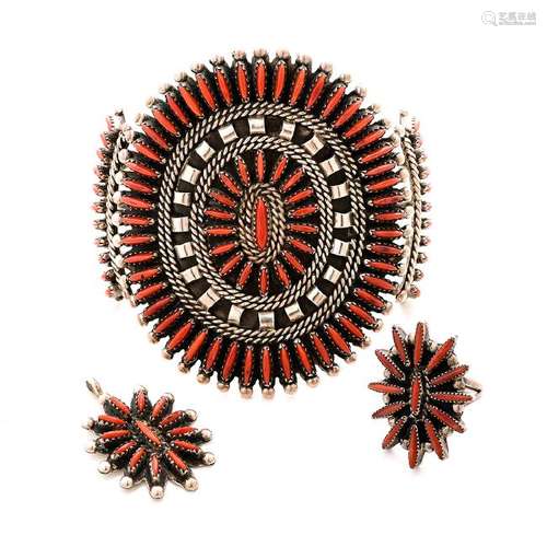 *Native American Zuni Coral Needlepoint, Sterling