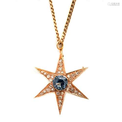 Synthetic Blue Spinel, Diamond, 14k Yellow Gold Star