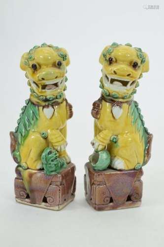 PAIR CHINESE POLYCHROME PORCELAIN FOO LIONS