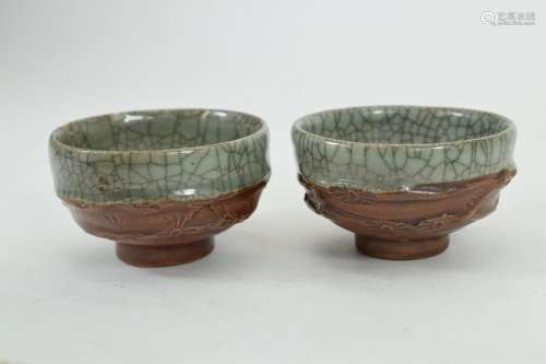 JAPANESE CELADON SAKI CUPS CRABS w CLAW CRACKLE