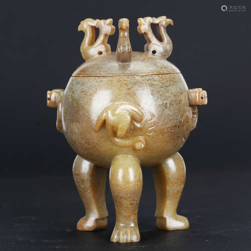 CHINESE ARCHAIC JADE TRIPOD CENSER