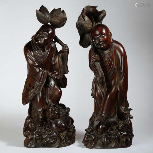 CHINESE PAIR OF HARDWOOD IMMORTAL FIGURES