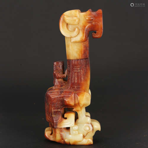 CHINESE ARCHAIC JADE CARVED MAN ON BEAST