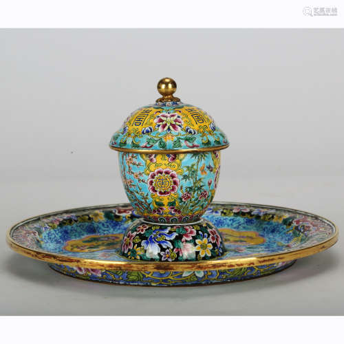 CHINESE BRONZE ENAMEL CUP AND SAUCER
