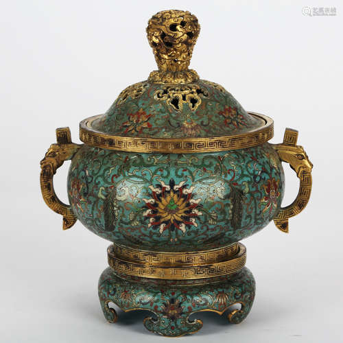 CHINESE CLOISONNE TWIN EAR CENSER WITH COVER