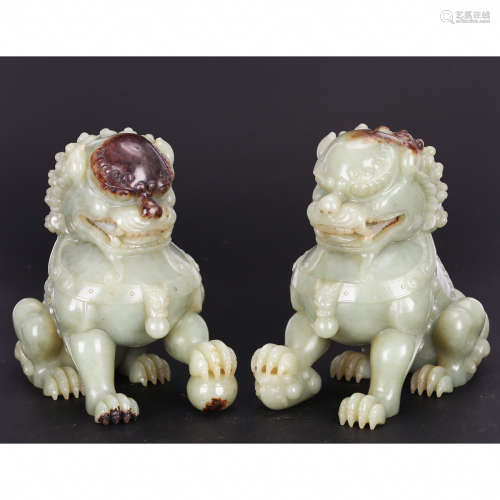 CHINESE ARCHAIC JADE FOOLIONS, PAIR