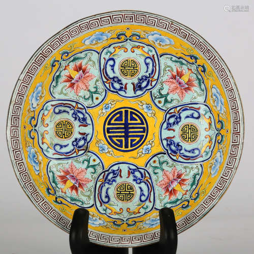 CHINESE BRONZE CLOISONNE PAINTED ENAMEL PLATE