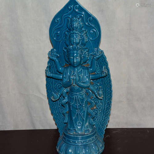 CHINESE PEACOCK BLUE GLAZED PORCELAIN GUANYIN