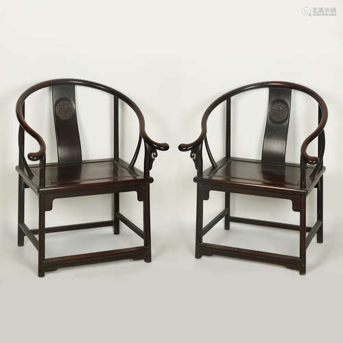 CHINESE HARD WOOD HORSESHOE CHAIRS, PAIR