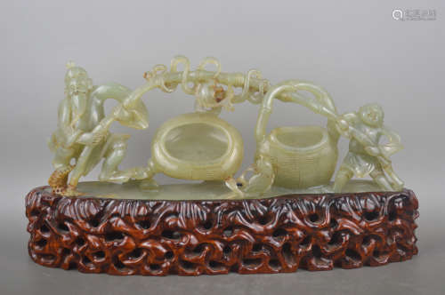 A JADE CARVED FISHING BOAT SHAPED ORANMENT
