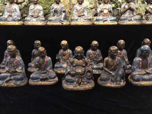 SET OF EIGHTEEN BUDDHA LUOHAN BRONZE FIGURES