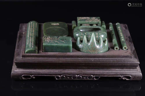 SET OF HETIAN GREEN JADE CARVED STUDY UTENSILS