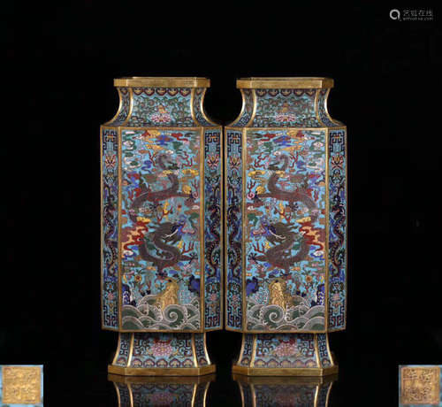 PAIR CLOISONNE DRAGON&PHOENIX PATTERN VASES