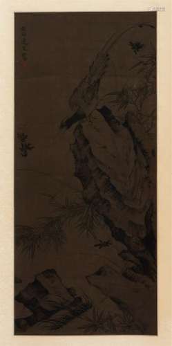 CHINESE SCROLL PAINTING OF BIRD ON ROCK