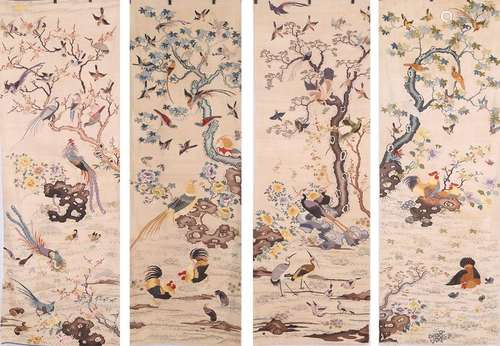 FOUR PANELS OF CHINESE KESI EMBROIDERY TAPESTRY OF BIRD AND FLOWER