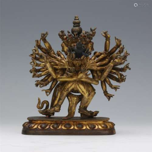 TIBETAN GILT BRONZE STANDING YAMANTAKA