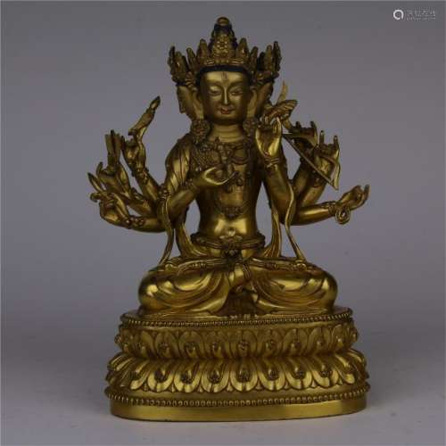 CHINESE GILT BRONZE SEATED EIGHT ARMS GUANYIN