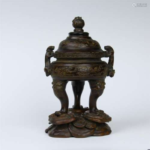 CHINESE AGALWOOD LIDDED TRIPLE FEED CENSER