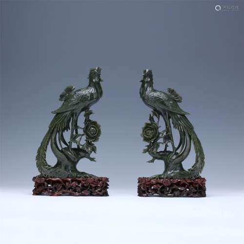 PAIR OF CHINESE SPINACH JADE PHOENIX