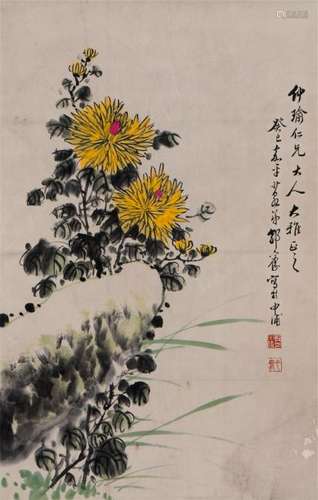 CHINESE SCROLL PAINTING OF FLOWER AND ROCK