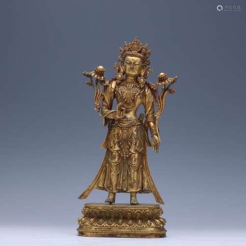 CHINESE GILT BRONZE STANDING BUDHISATTVA MANJUSRI