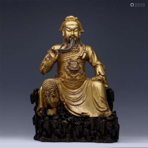 CHINESE GILT BRONZE SEATED WARRIOR