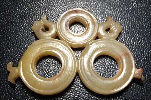 CHINESE ANCIENT NEPHRITE JADE OF THREE RINGS BI DISK WARRING KINGDOMS PERIOD