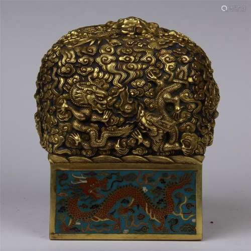 CHINESE CLOISONNE GILT BRONZE DRAGON IMPERIAL SEAL