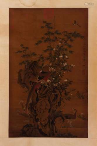 CHINESE SCROLL PAINTING OF BRID AND FLOWER