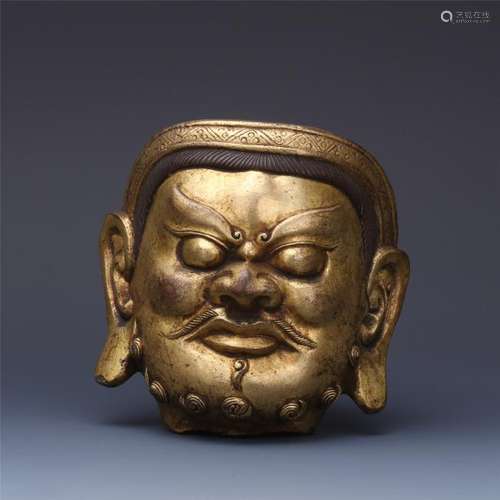 TIBETAN GILT BRONZE HEAD OF GOD WEALTH