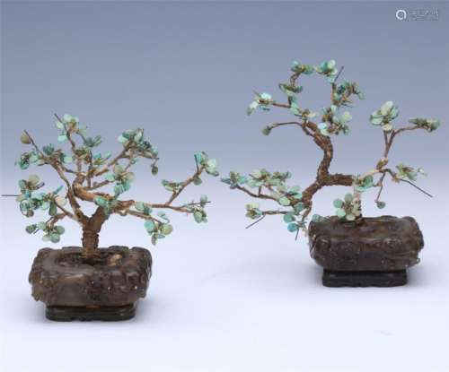 PAIR OF CHINESE TURQUOISE BENSAI IN AGATE BASIN