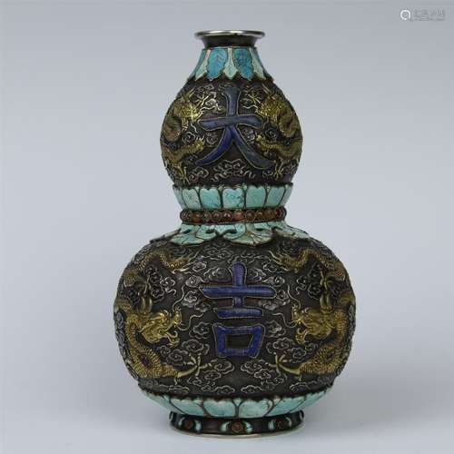 CHINESE TURQUOISE INLAID GILT SILVER DOUBLE GOURD VASE