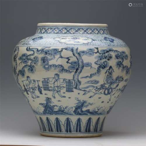 CHINESE PORCELAIN BLUE AND WHITE FIGURE JAR