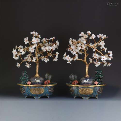 PAIR OF CHINESE JADE BENSAI IN ENAMEL BASIN