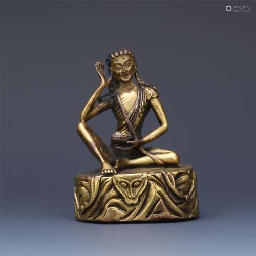 TIBETAN GILT BRONZE SEATED MILAREPA