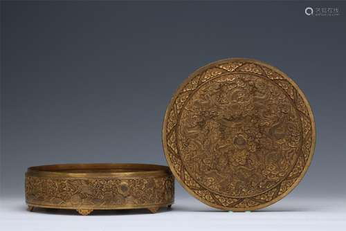 CHINESE GILT BRONZE ROUND LIDDED BOX