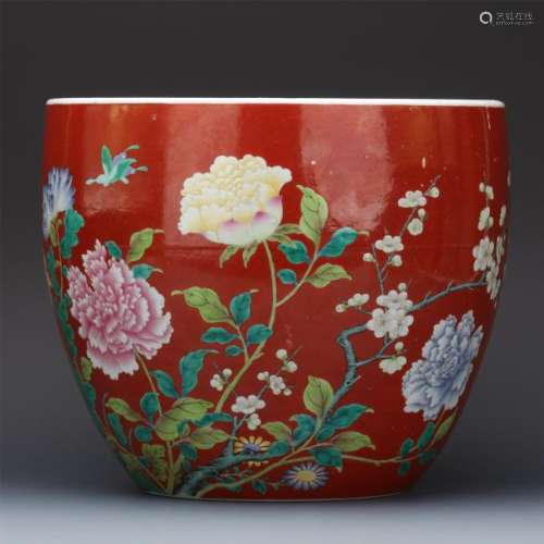 CHINESE PORCELAIN RED GLAZE FAMILLE ROSE FLOWER FISH BOWL