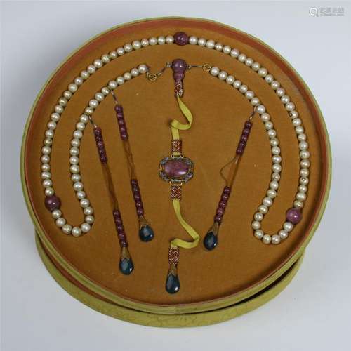 CHINESE PEARL TOURMALINE BEAD CHAOZHU COURT NECKLACE