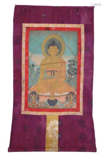 TIBETAN EMBROIDERY THANGKA OF SEATED BUDDHA