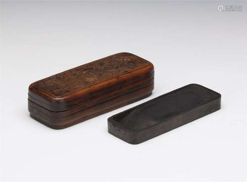 CHINESE DUAN STONE INKSTONE WITH ROSEWOOD CASE