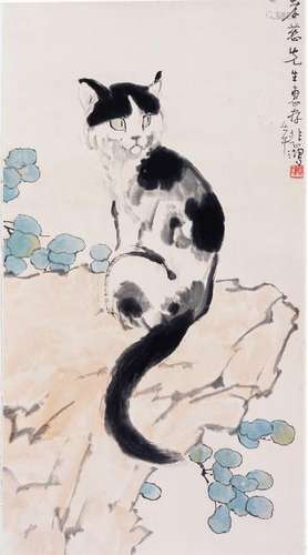 CHINESE SCROLL PAINTING OF CAT ON ROCK