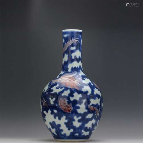 LARGE CHINESE PORCELAIN BLUE AND WHITE RED UNDER GLAZE TIANQIU VASE