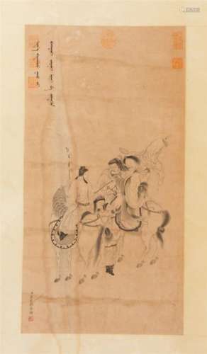 CHINESE SCROLL PAINTING OF HORSES AND RIDERS