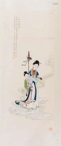 CHINESE SCROLL PAINTING OF BEAUTIES IN CLOUD
