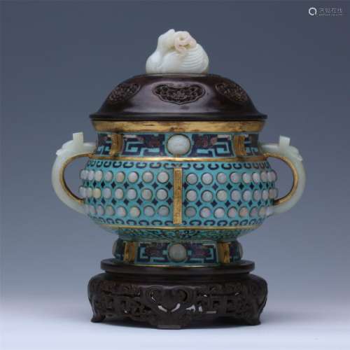 CHINESE WHITE JADE INLAID CLOISONNE CENSER WITH ROSEWOD LID AND BASE