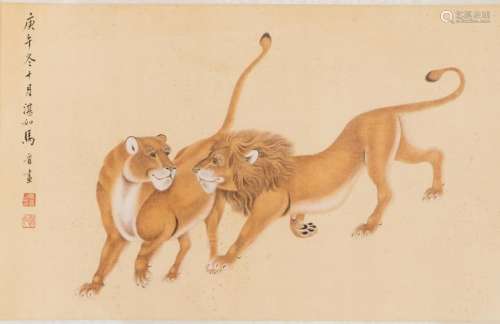 CHINESE SCROLL PAINTING OF LIONS