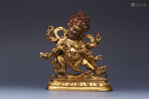 TIBETAN GILT BRONZE STANDING MAHAKALA