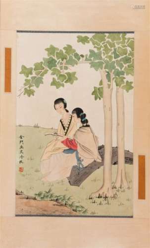 CHINESE SCROLL PAINTING OF BEAUTIES IN GARDEN