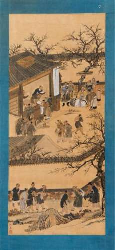 CHINESE SCROLL PAINTING OF PEOPLE IN GARDEN