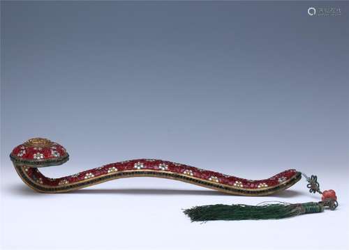 CHINESE GEM STONE INLAID GILT BRONZE RUYI SCEPTER